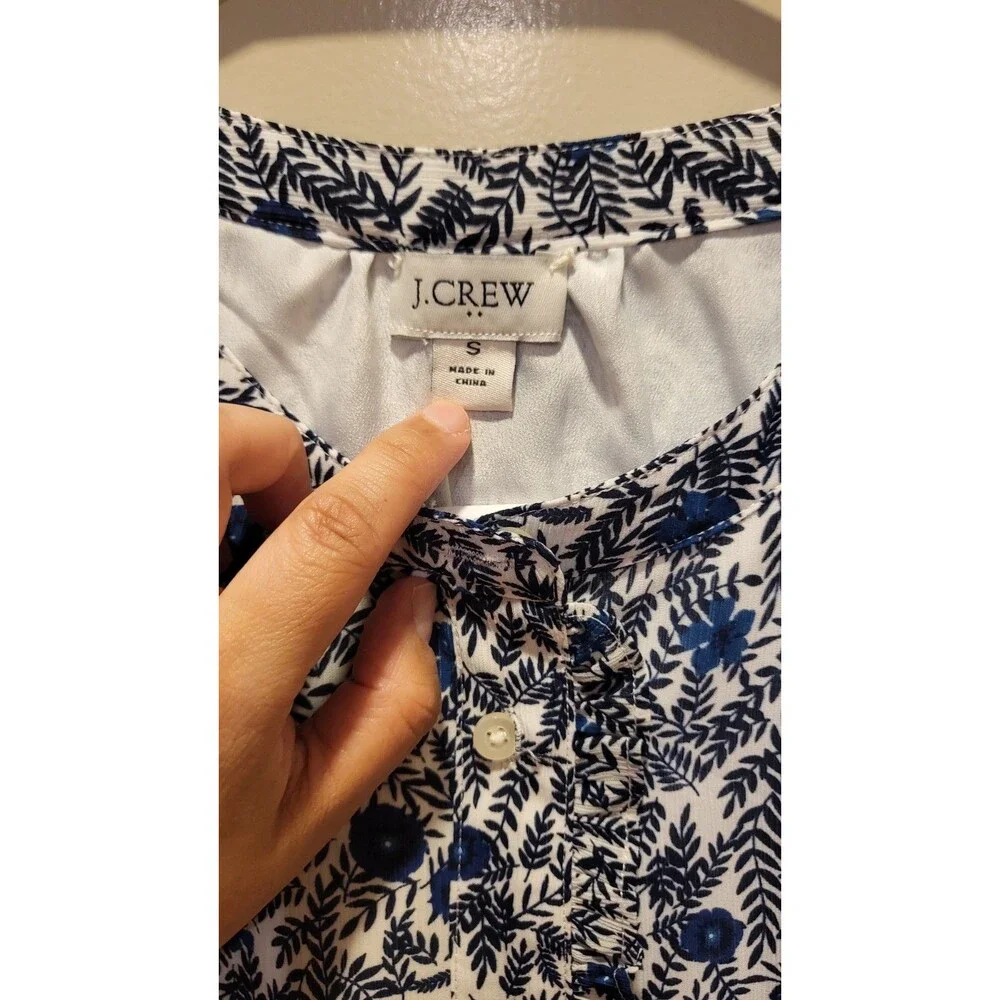 J.Crew Women Small Blue Floral Ruffle Blouse Puff Sleeve Button Front Cottagecor